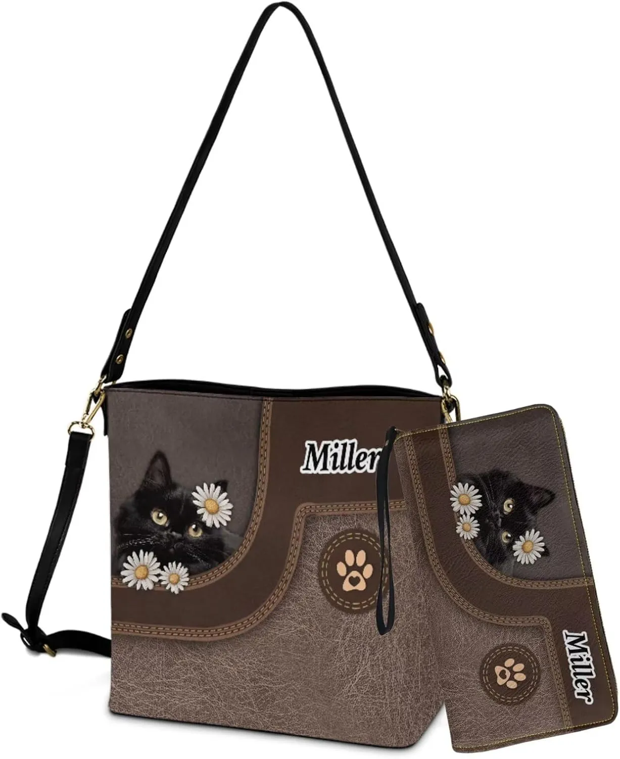 Lotusorchid Custom Bucket Crossbody Bag Set for Women with Name, Personalized Hobo Handbags Tote Purses with PU Wallet