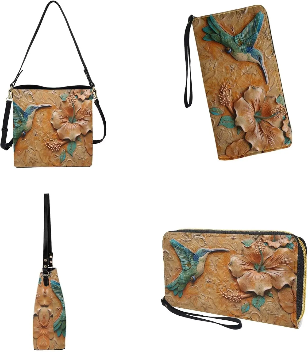 Lotusorchid Leather Crossbody Bucket Handbag for Women Hobo Bag with Wallet Set Shoulder Tote Handbag Gift for Mom Wife