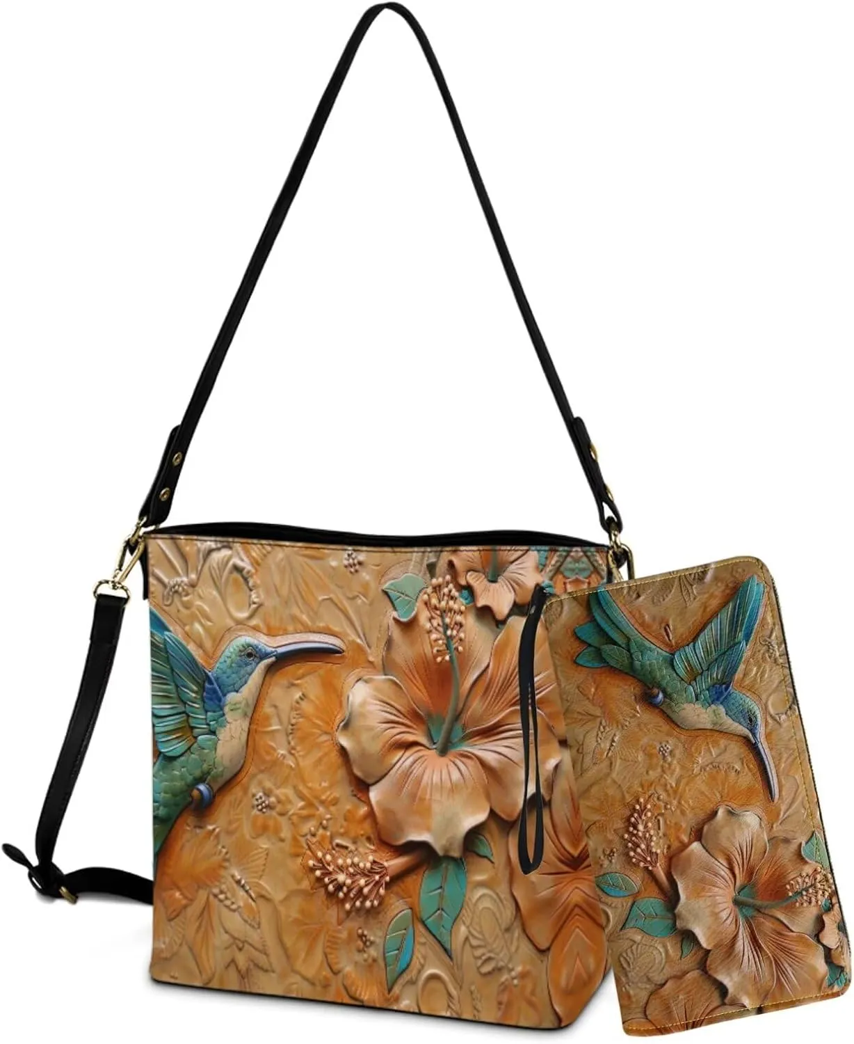 Lotusorchid Leather Crossbody Bucket Handbag for Women Hobo Bag with Wallet Set Shoulder Tote Handbag Gift for Mom Wife