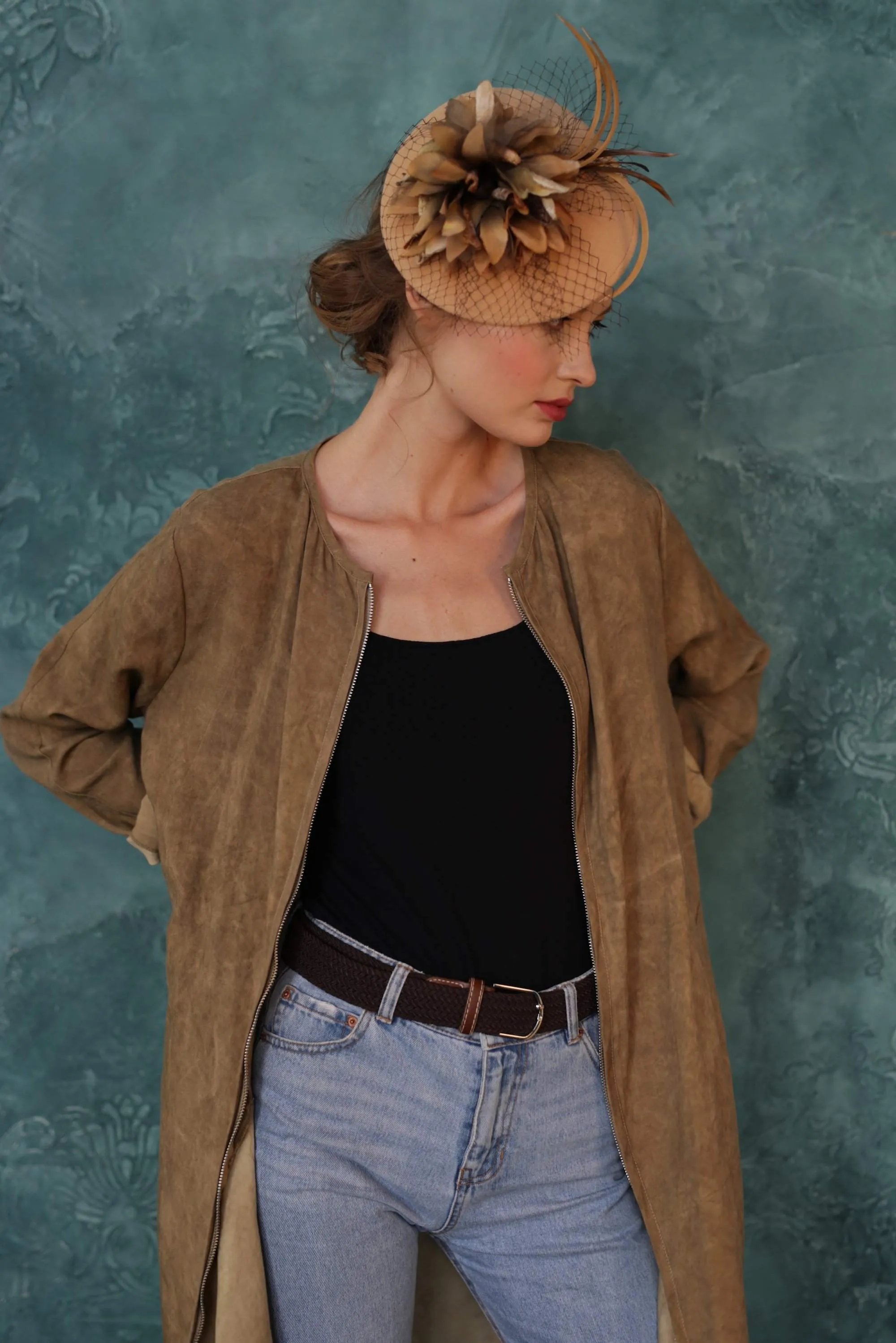 Lovely Light Beige Velour Fascinator with a Velvet Flower