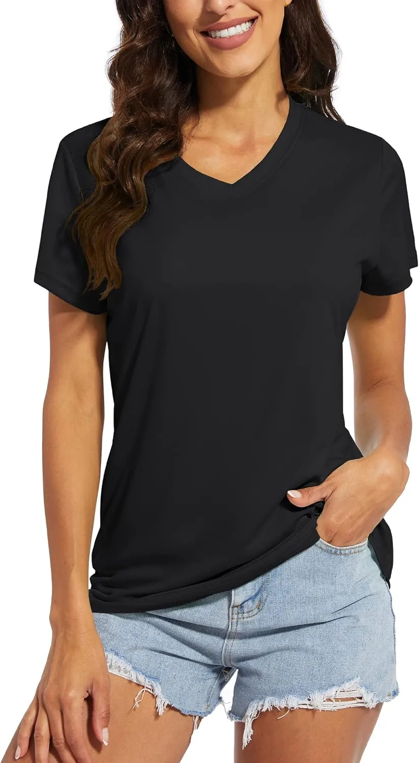 MAGCOMSEN Women's T Shirts V-Neck Short Sleeve UPF 50  Sun Protection Performance Quick Dry Athletic Shirts Tee Tops