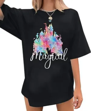 Magical Shirt for Women Oversized Happy Family Vacation Graphic Tees Casual Summer Holiday Tops
