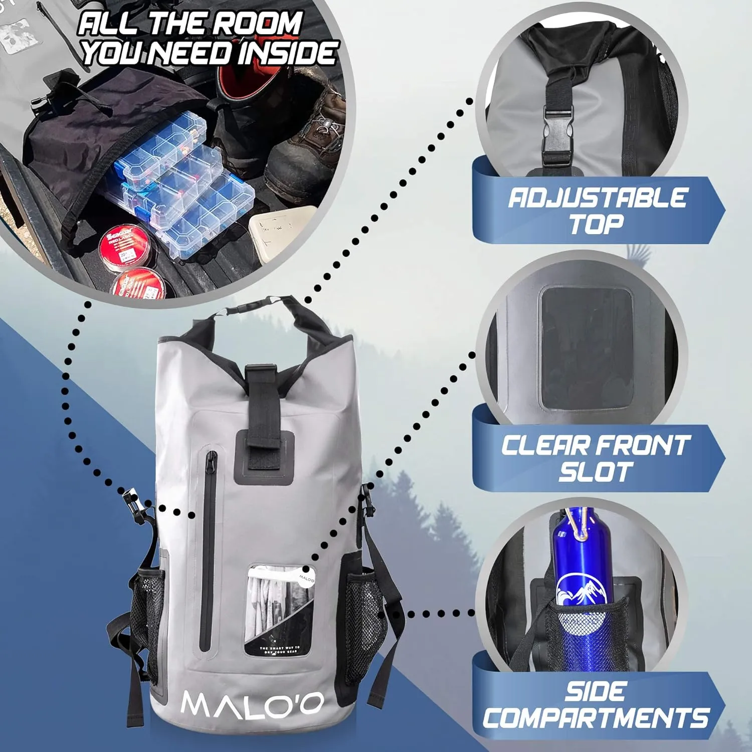 Malo'o 30L Waterproof Roll-Top Backpack - Ideal for Beach, Backpacking, Fishing, and Kayaking - Heavy-Duty Beach and Boat Accessory
