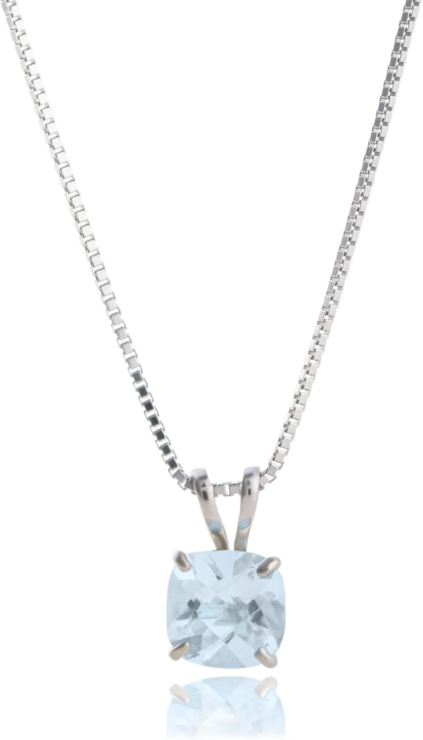 MAX   STONE 925 Sterling Silver Cushion Cut Birthstone Necklace for Women | 6mm Hypoallergenic Solitaire Necklace | Gemstone Pendant Necklaces with 18 inch Box Chain