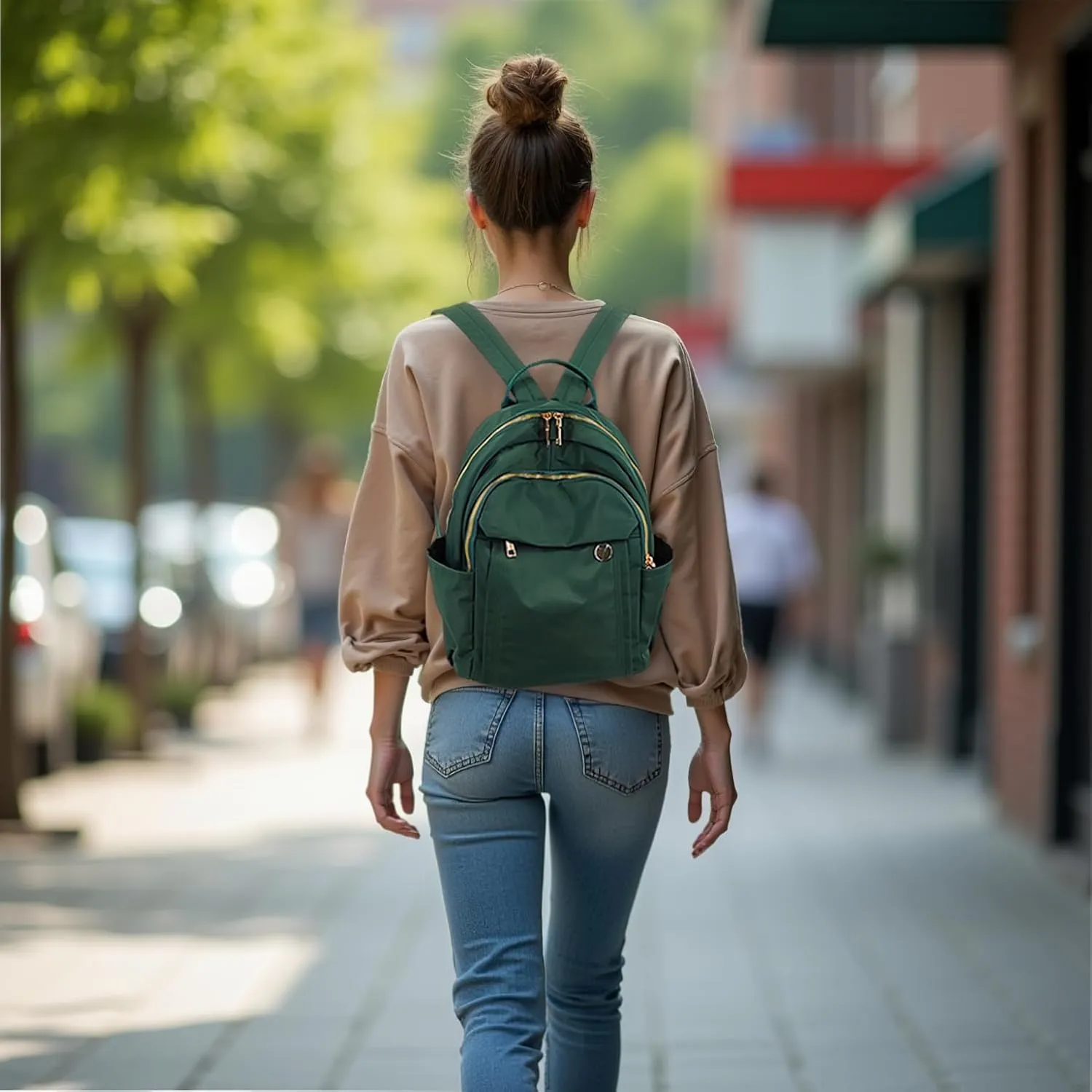Medium Nylon Backpacks for Women, Trendy Gold-Tone Hardware Everyday Backpack Purses, Casual Lightweight Water-Resistant Rucksack Daypack Travel Bags (Green)