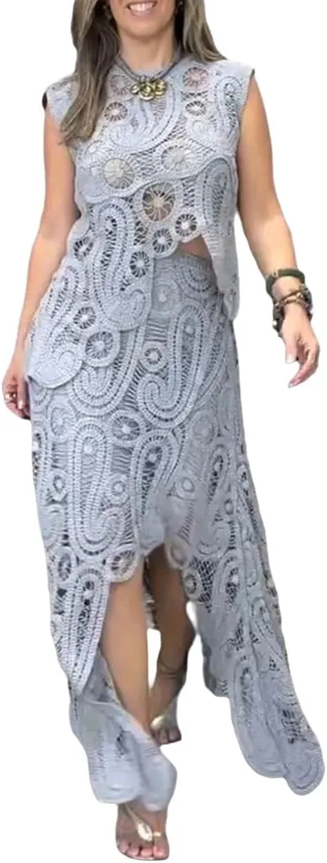 Melliflo Women 2 Piece Skirt Sets Sleeveless Crochet Knit Tops Maxi Skirt with Slit Hollow Out Crochet Beach Vacation Outfits