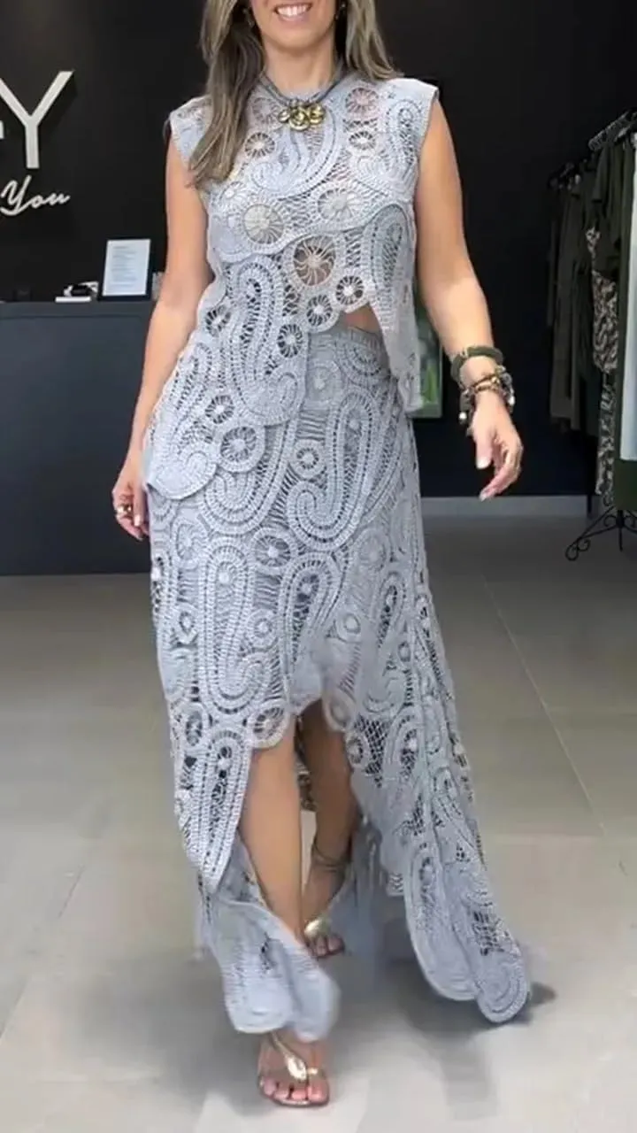 Melliflo Women 2 Piece Skirt Sets Sleeveless Crochet Knit Tops Maxi Skirt with Slit Hollow Out Crochet Beach Vacation Outfits