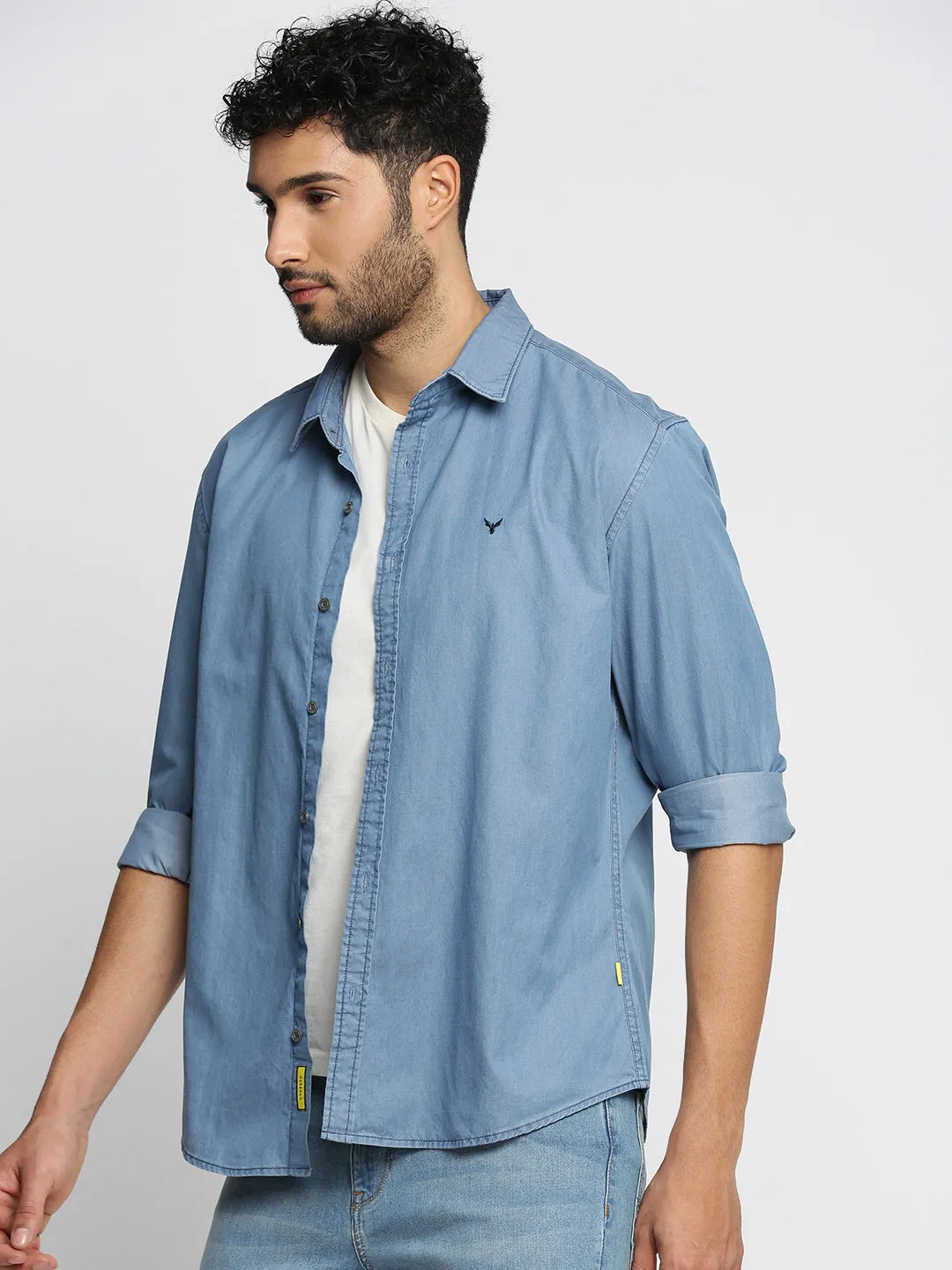Men Blue Spread Collar Comfort Denim Oversized Casual Cotton Shirt
