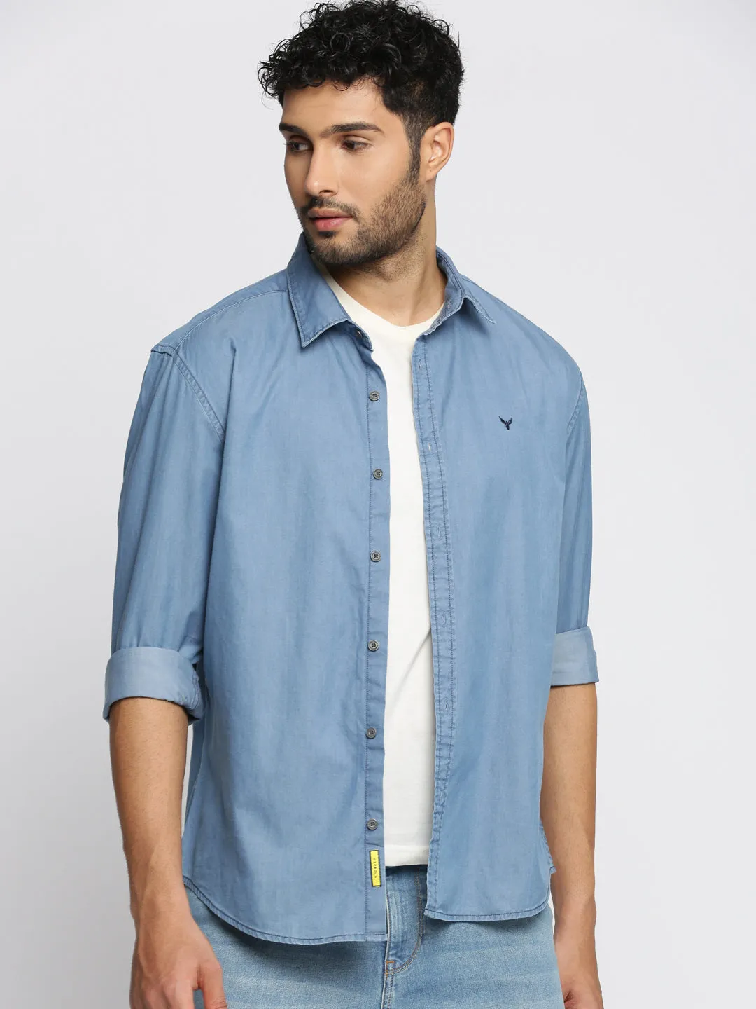 Men Blue Spread Collar Comfort Denim Oversized Casual Cotton Shirt