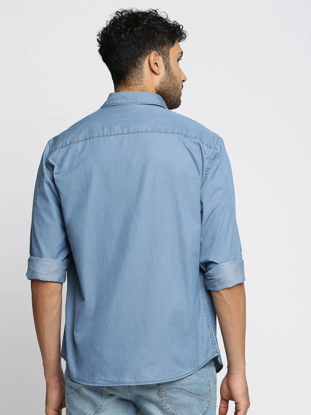 Men Blue Spread Collar Comfort Denim Oversized Casual Cotton Shirt