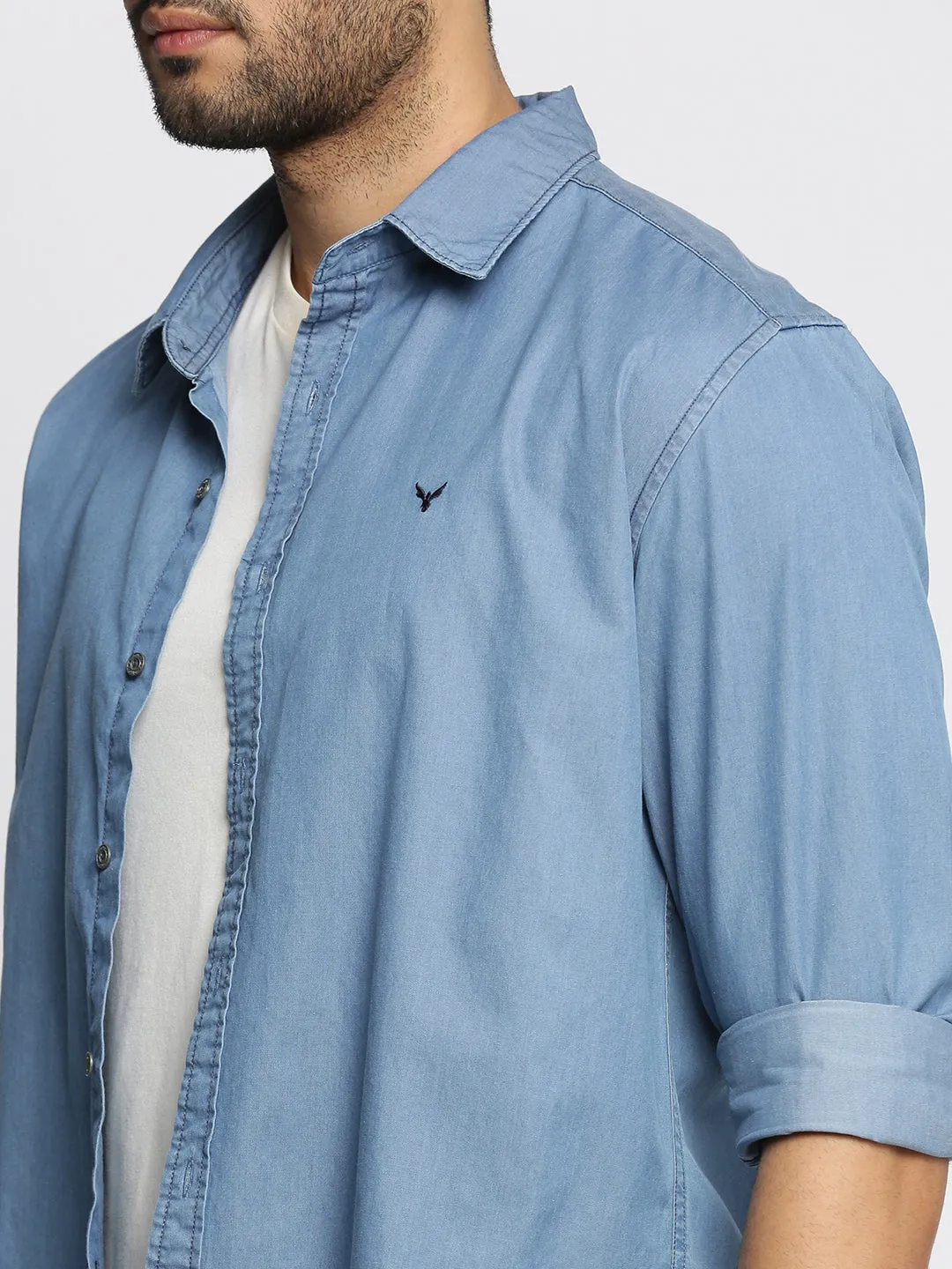 Men Blue Spread Collar Comfort Denim Oversized Casual Cotton Shirt