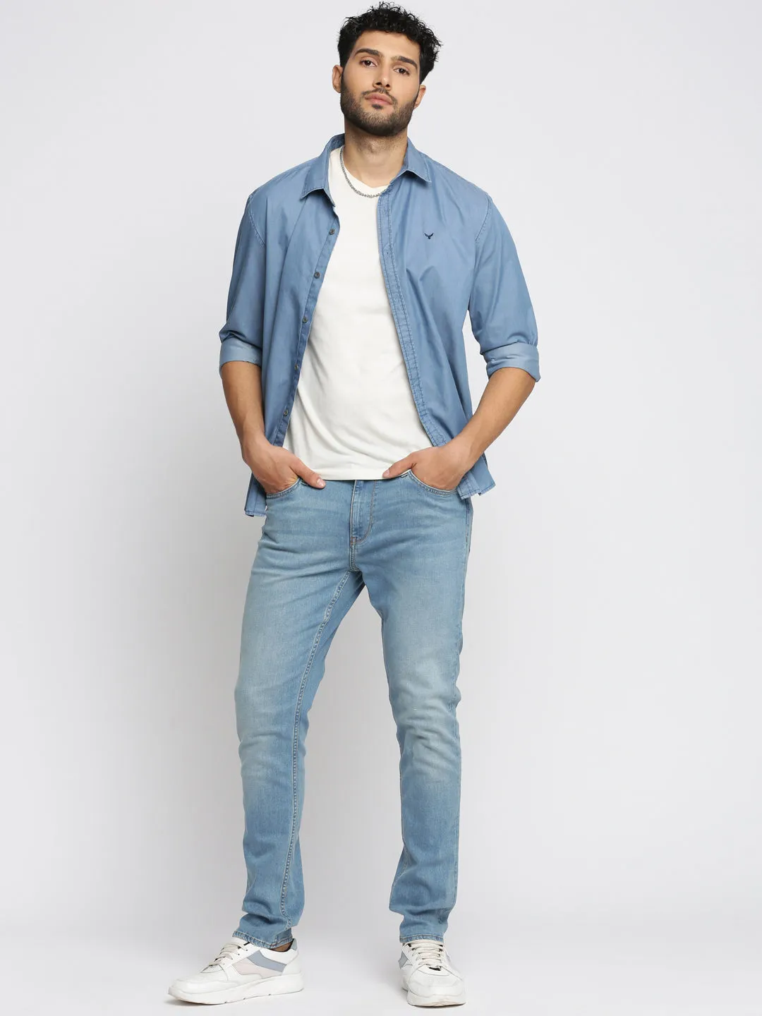 Men Blue Spread Collar Comfort Denim Oversized Casual Cotton Shirt