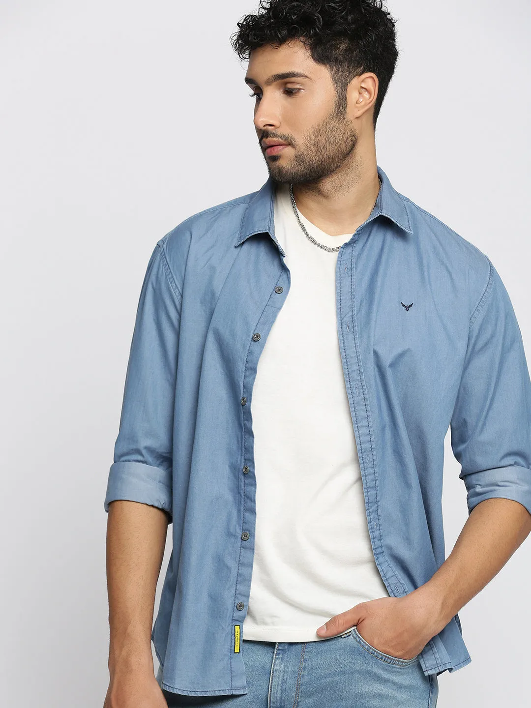 Men Blue Spread Collar Comfort Denim Oversized Casual Cotton Shirt