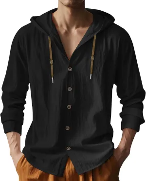 Men Cotton Linen Long Sleeve Button Down Shirt Summer Casual Hawaiian Beach Tops Lightweight Fashion Hoodies