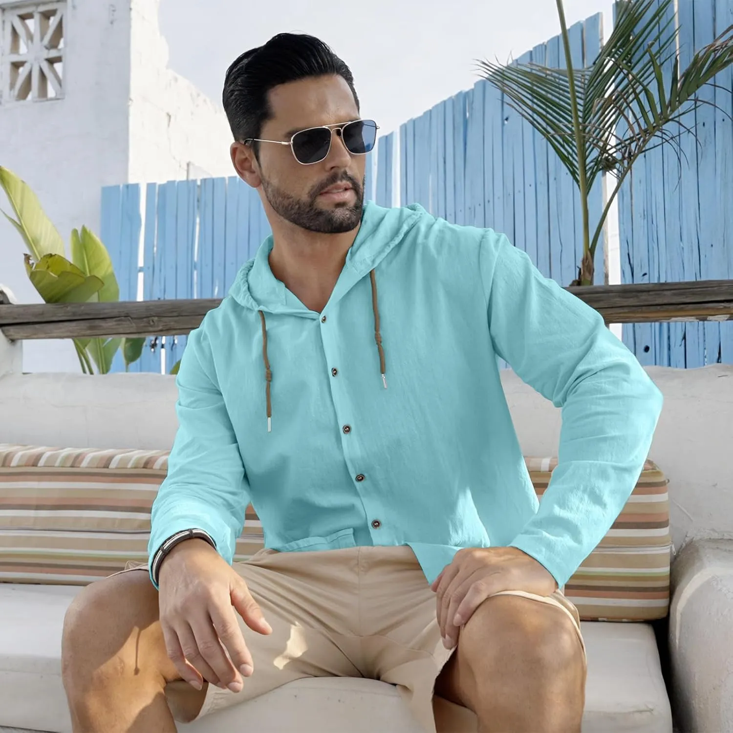 Men Cotton Linen Long Sleeve Button Down Shirt Summer Casual Hawaiian Beach Tops Lightweight Fashion Hoodies