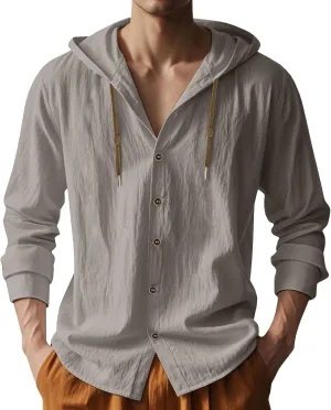 Men Cotton Linen Long Sleeve Button Down Shirt Summer Casual Hawaiian Beach Tops Lightweight Fashion Hoodies