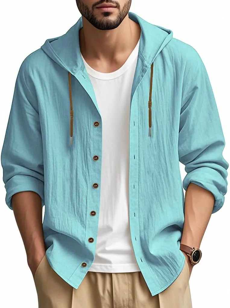Men Cotton Linen Long Sleeve Button Down Shirt Summer Casual Hawaiian Beach Tops Lightweight Fashion Hoodies