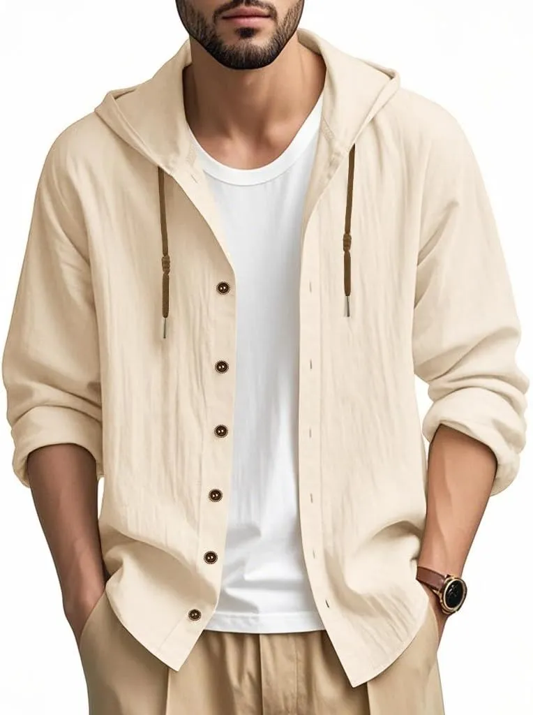 Men Cotton Linen Long Sleeve Button Down Shirt Summer Casual Hawaiian Beach Tops Lightweight Fashion Hoodies