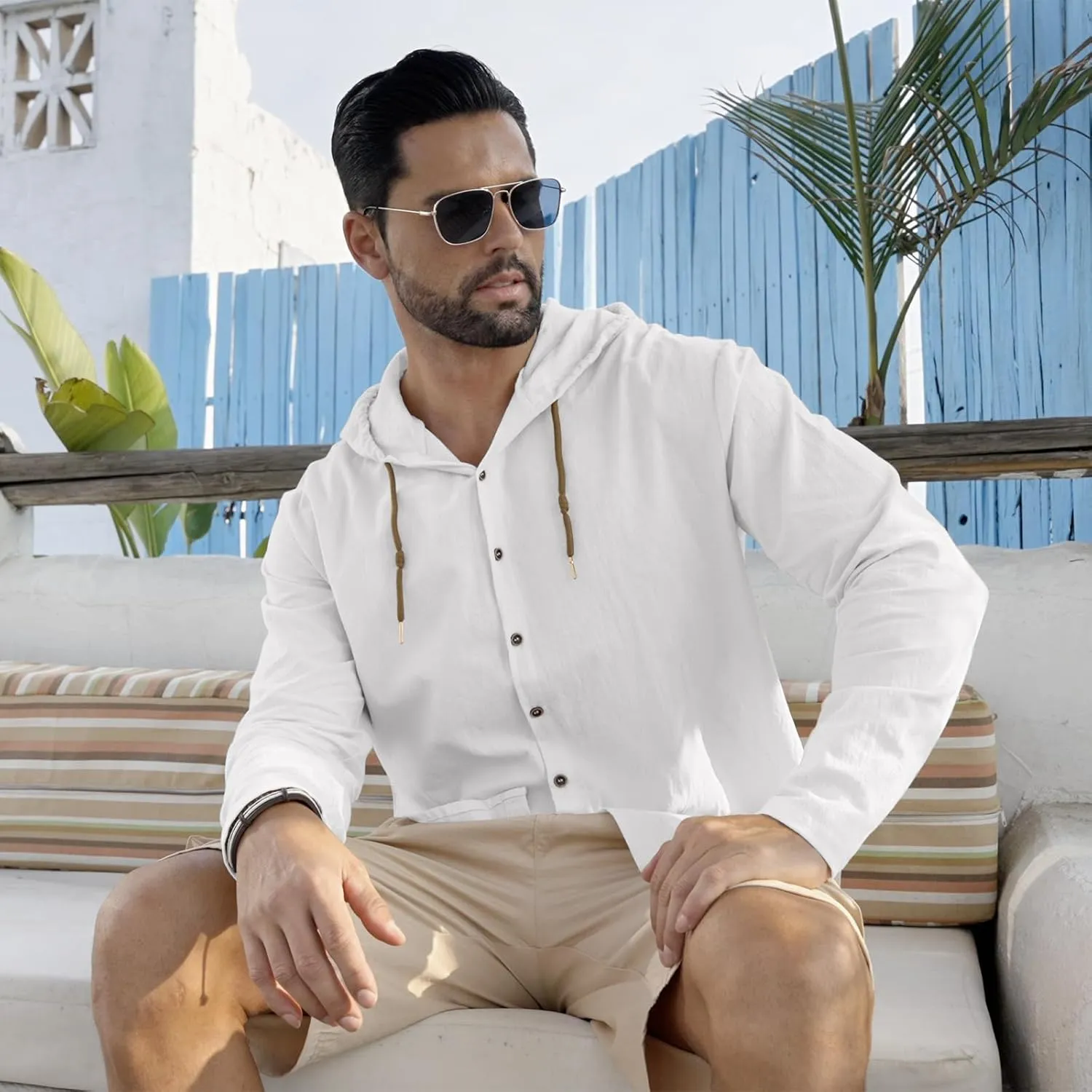Men Cotton Linen Long Sleeve Button Down Shirt Summer Casual Hawaiian Beach Tops Lightweight Fashion Hoodies
