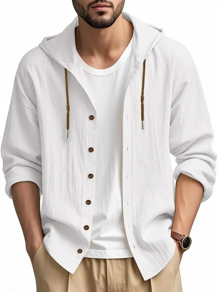 Men Cotton Linen Long Sleeve Button Down Shirt Summer Casual Hawaiian Beach Tops Lightweight Fashion Hoodies