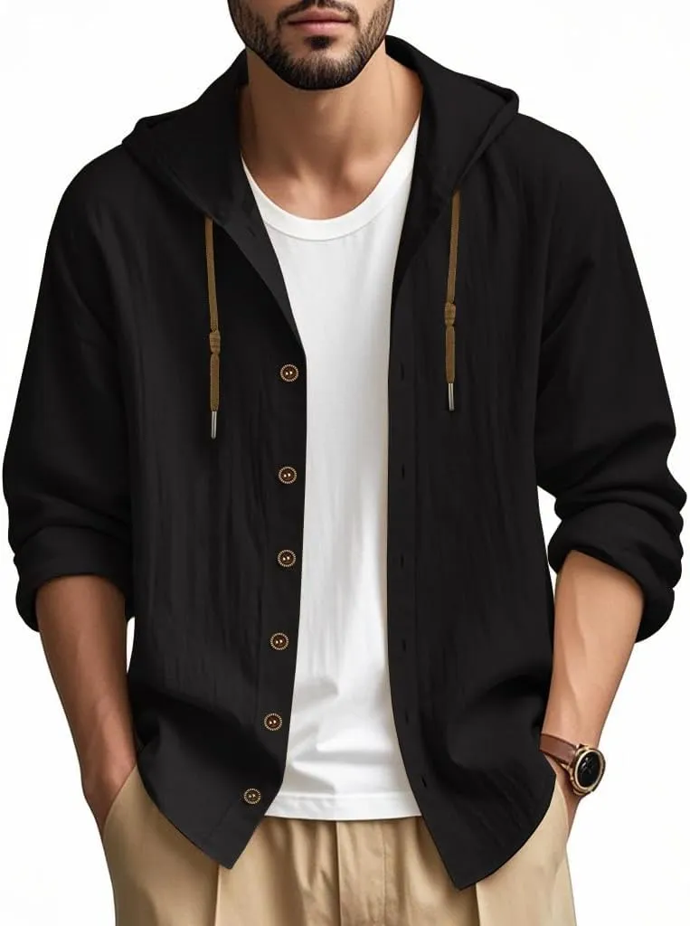 Men Cotton Linen Long Sleeve Button Down Shirt Summer Casual Hawaiian Beach Tops Lightweight Fashion Hoodies