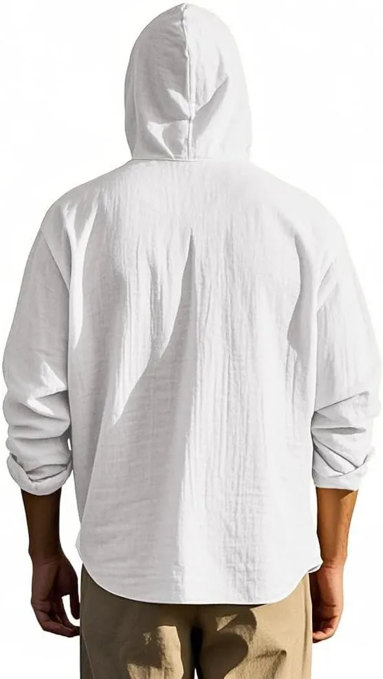 Men Cotton Linen Long Sleeve Button Down Shirt Summer Casual Hawaiian Beach Tops Lightweight Fashion Hoodies