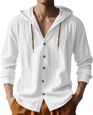 Men Cotton Linen Long Sleeve Button Down Shirt Summer Casual Hawaiian Beach Tops Lightweight Fashion Hoodies