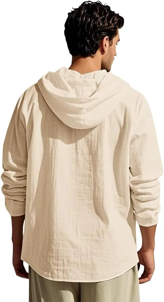 Men Cotton Linen Long Sleeve Button Down Shirt Summer Casual Hawaiian Beach Tops Lightweight Fashion Hoodies