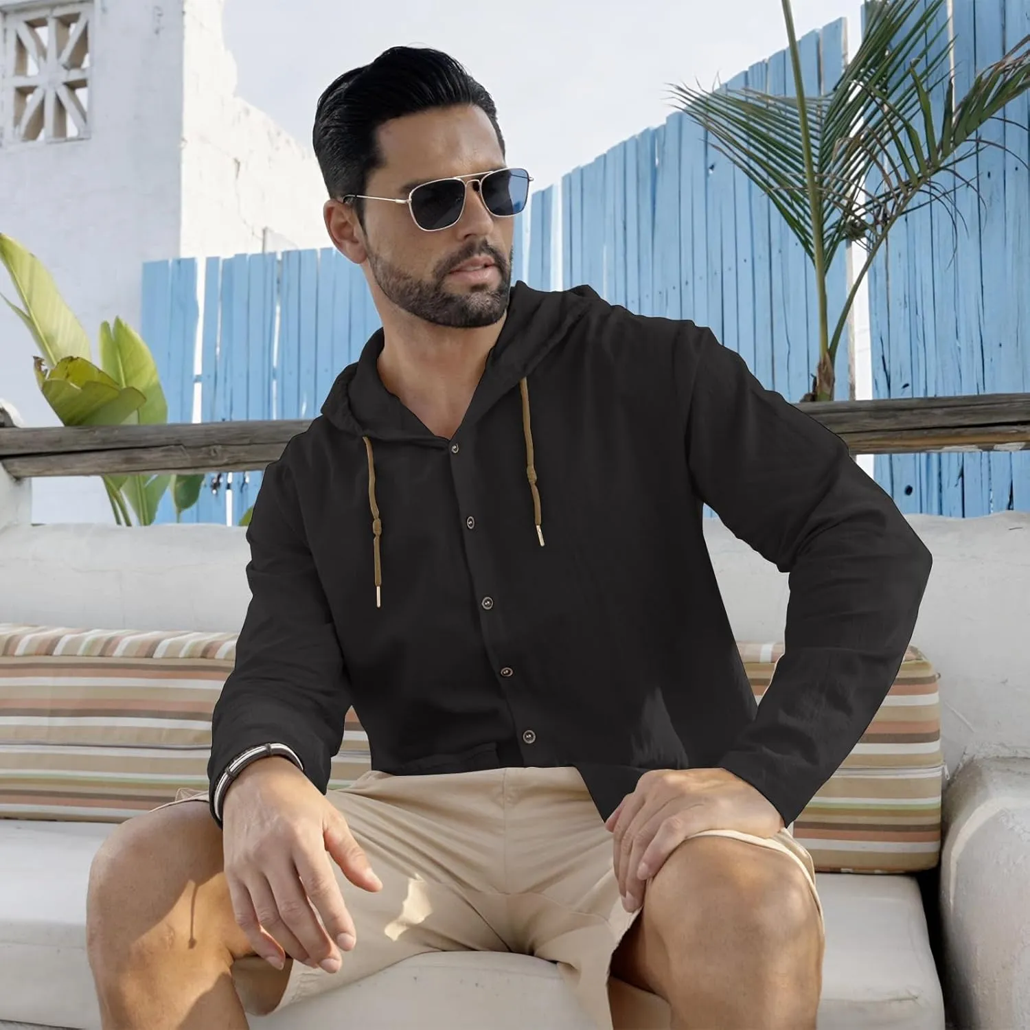 Men Cotton Linen Long Sleeve Button Down Shirt Summer Casual Hawaiian Beach Tops Lightweight Fashion Hoodies