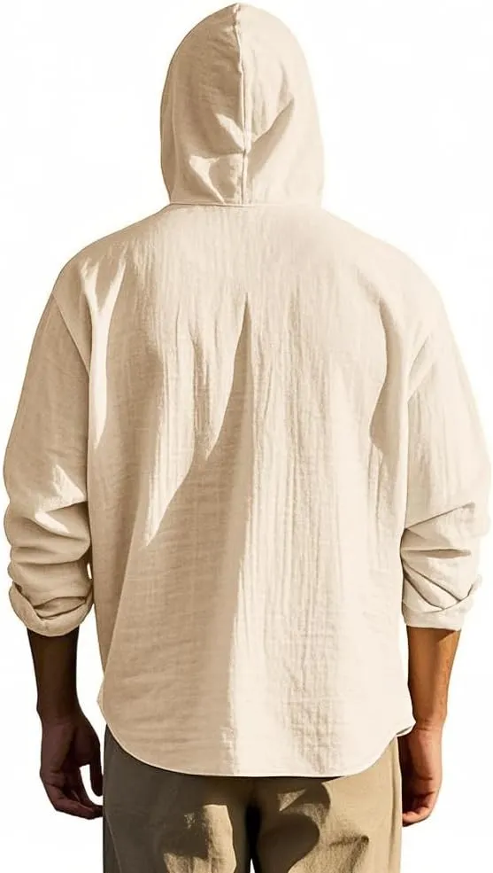 Men Cotton Linen Long Sleeve Button Down Shirt Summer Casual Hawaiian Beach Tops Lightweight Fashion Hoodies