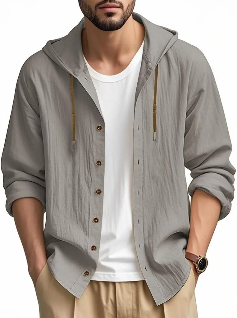 Men Cotton Linen Long Sleeve Button Down Shirt Summer Casual Hawaiian Beach Tops Lightweight Fashion Hoodies