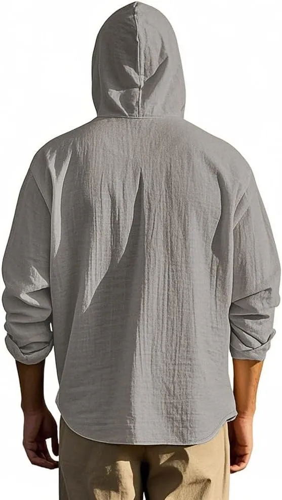 Men Cotton Linen Long Sleeve Button Down Shirt Summer Casual Hawaiian Beach Tops Lightweight Fashion Hoodies