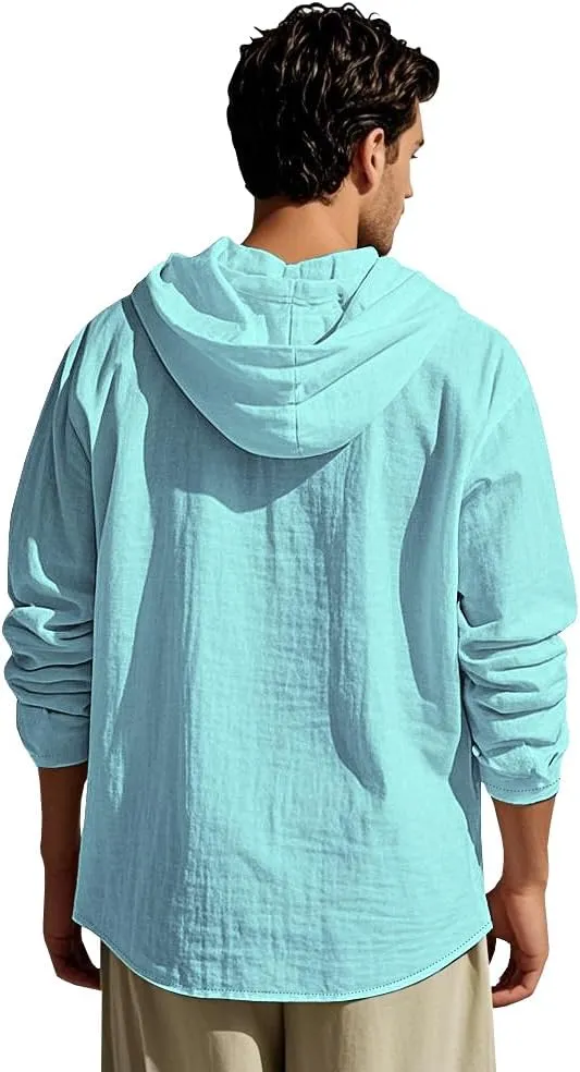 Men Cotton Linen Long Sleeve Button Down Shirt Summer Casual Hawaiian Beach Tops Lightweight Fashion Hoodies