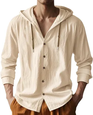 Men Cotton Linen Long Sleeve Button Down Shirt Summer Casual Hawaiian Beach Tops Lightweight Fashion Hoodies
