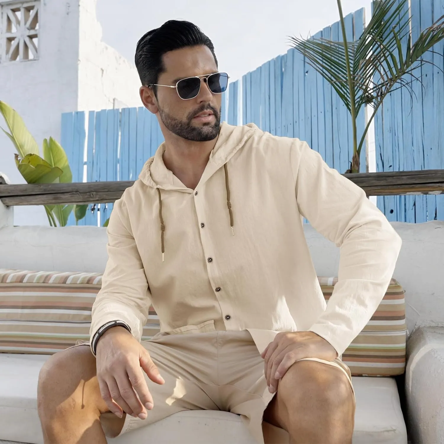 Men Cotton Linen Long Sleeve Button Down Shirt Summer Casual Hawaiian Beach Tops Lightweight Fashion Hoodies