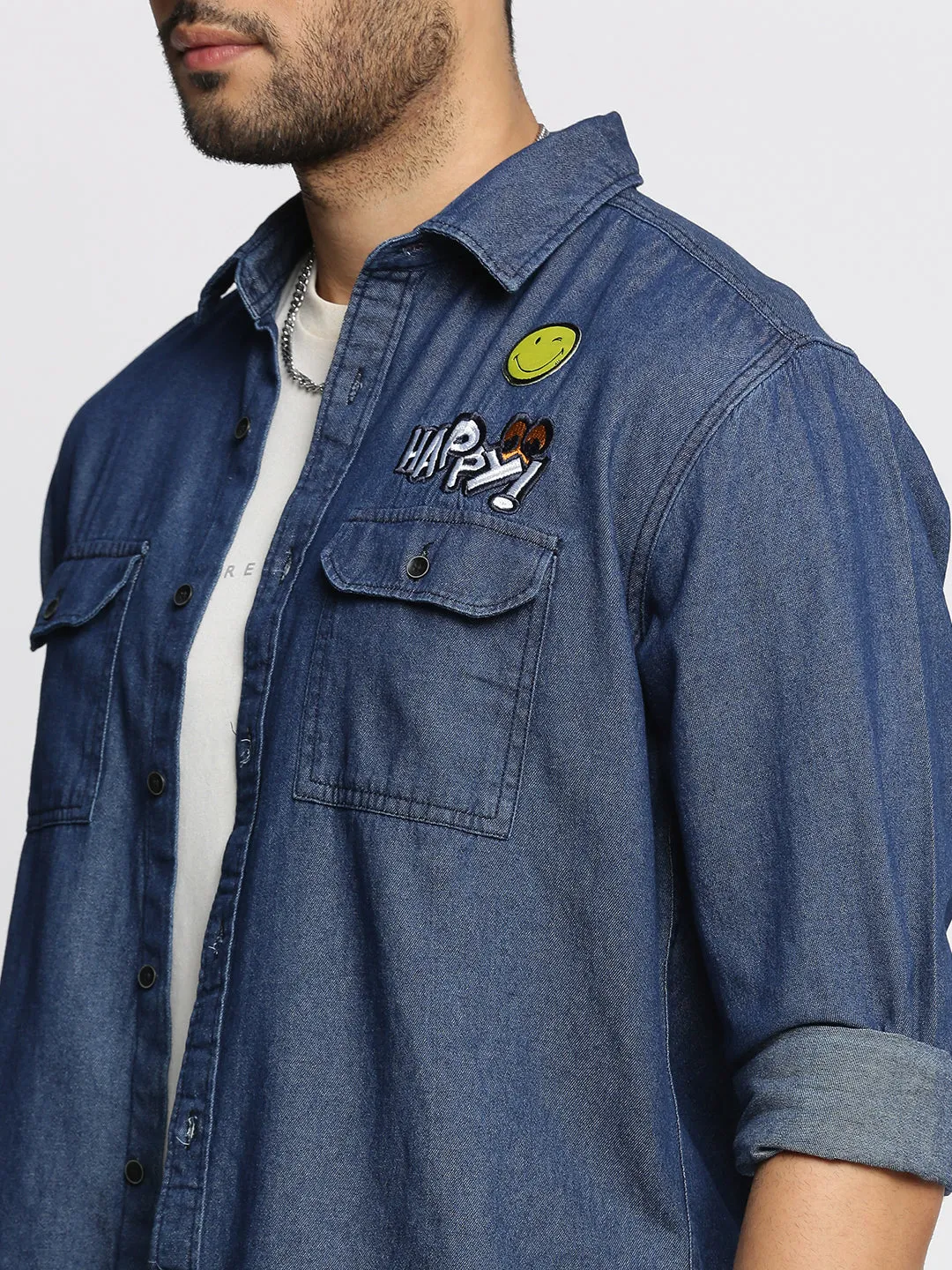 Men Navy Blue Comfort Spread Collar Denim Oversized Casual Shirt
