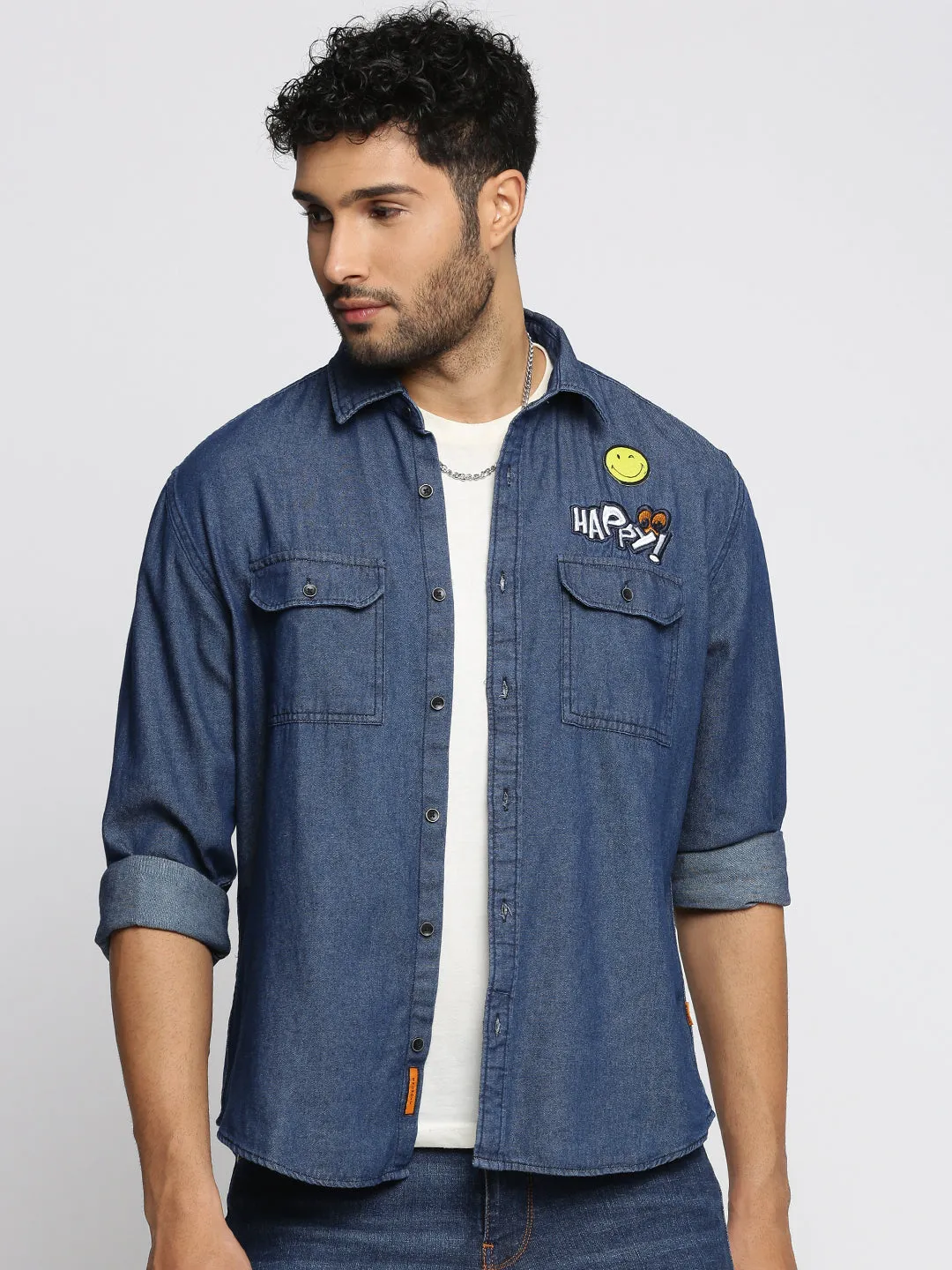 Men Navy Blue Comfort Spread Collar Denim Oversized Casual Shirt