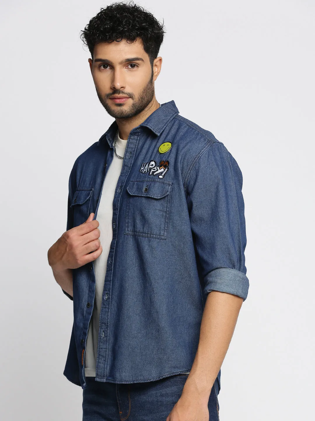 Men Navy Blue Comfort Spread Collar Denim Oversized Casual Shirt