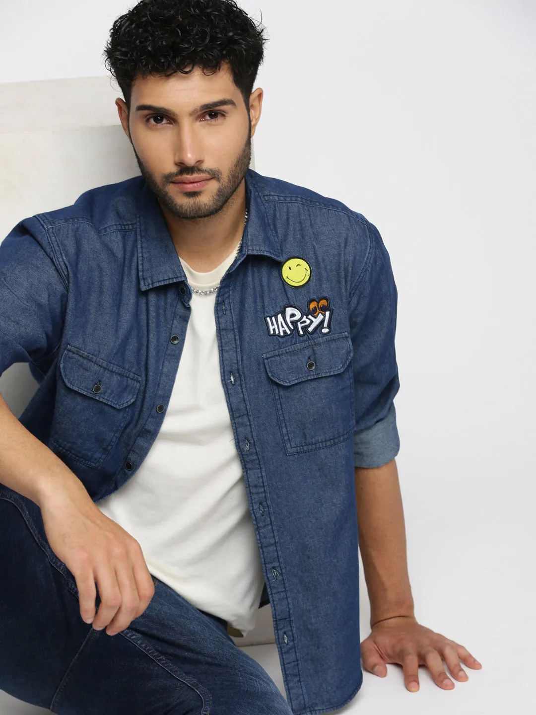 Men Navy Blue Comfort Spread Collar Denim Oversized Casual Shirt