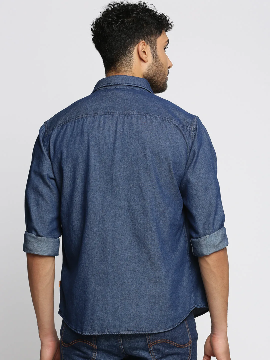 Men Navy Blue Comfort Spread Collar Denim Oversized Casual Shirt