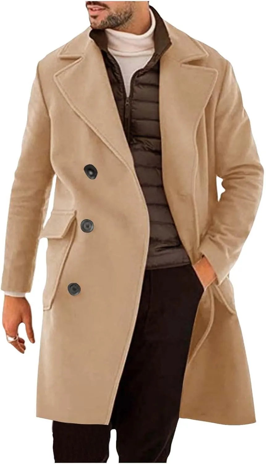 Men Trench Coats Long Winter Jackets Wool Blend Peacoats Double Breasted Jacket Trendy Notched Lapel Coat with Pocket
