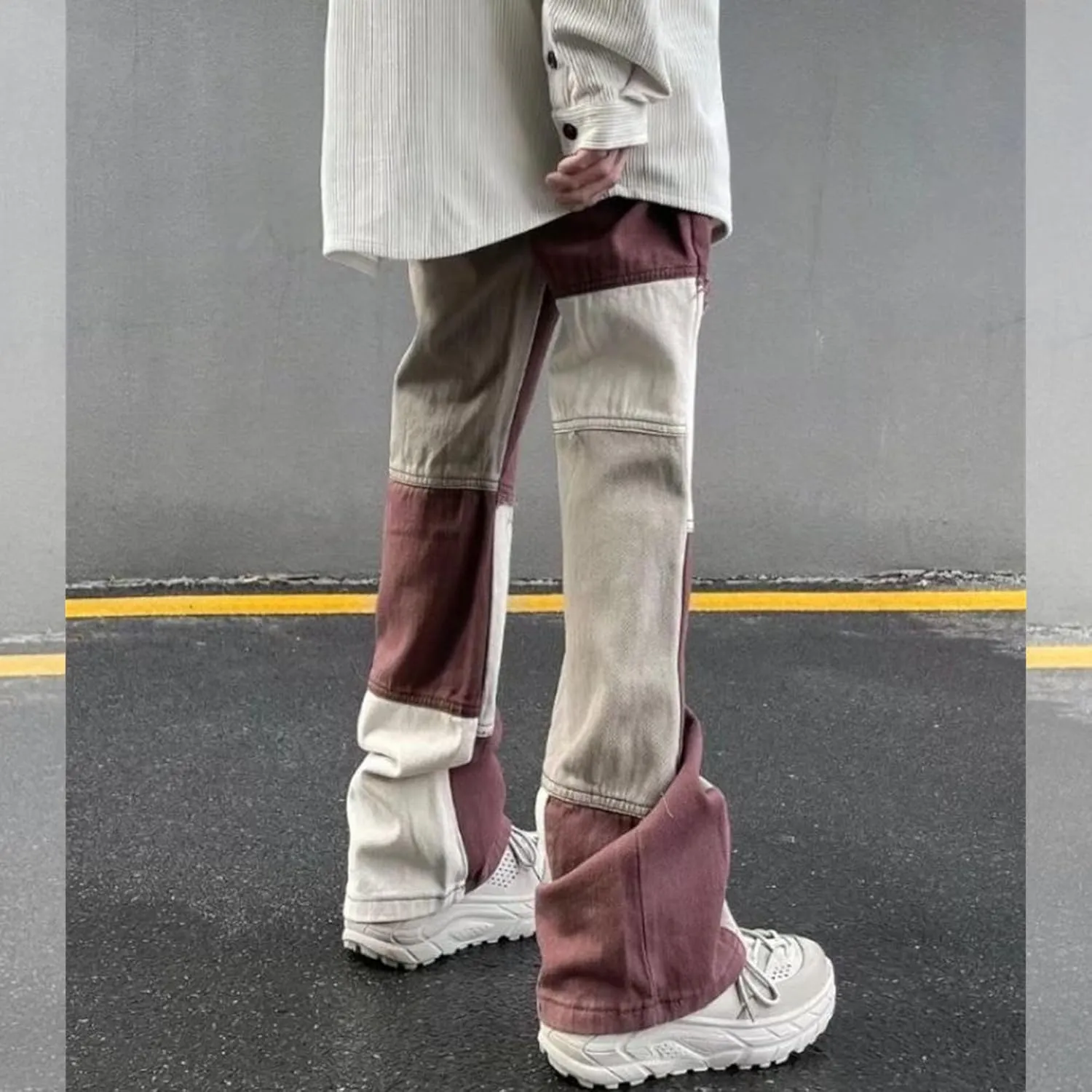 Mens Color Block Slim Fit Jeans Distressed Hip Hop Jeans Men Y2k Fashion Frayed Denim Pants with Pockets