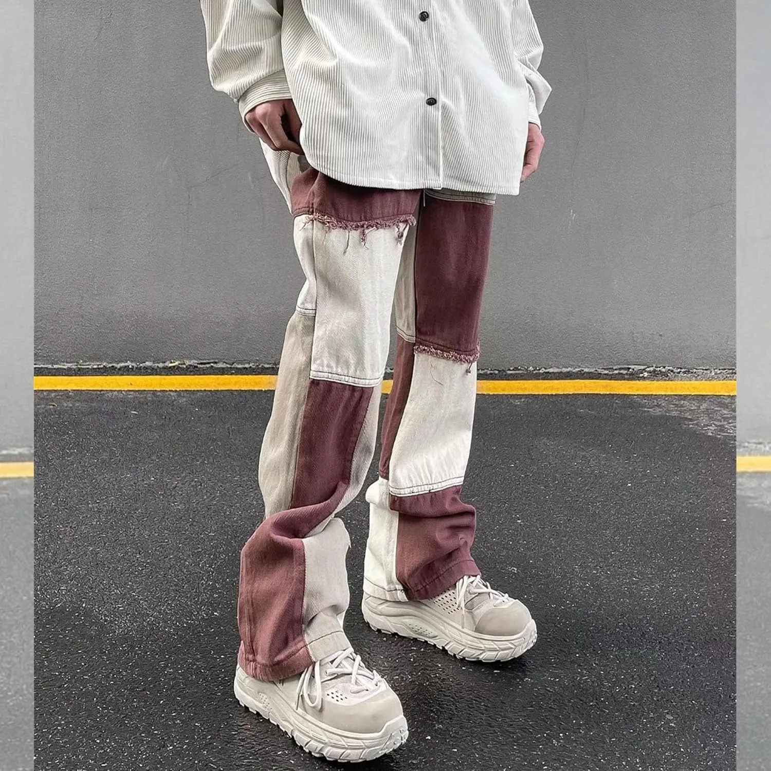 Mens Color Block Slim Fit Jeans Distressed Hip Hop Jeans Men Y2k Fashion Frayed Denim Pants with Pockets