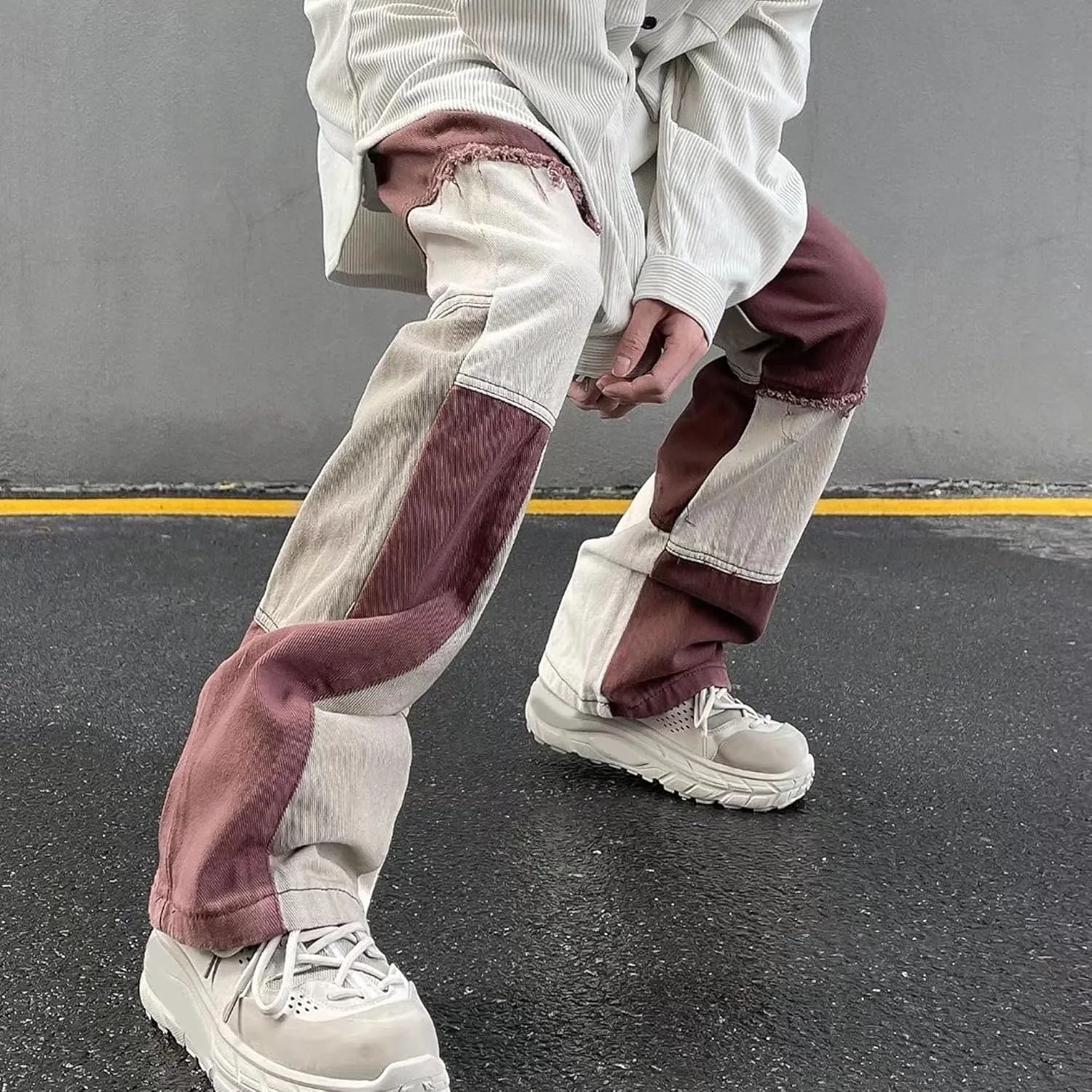 Mens Color Block Slim Fit Jeans Distressed Hip Hop Jeans Men Y2k Fashion Frayed Denim Pants with Pockets