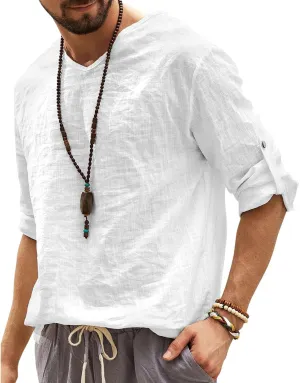 Men's Cotton Linen Henley Shirt Crewneck Long Sleeve Hippie T Shirts Casual Summer Beach Loose Fit Tees Fashion Tops