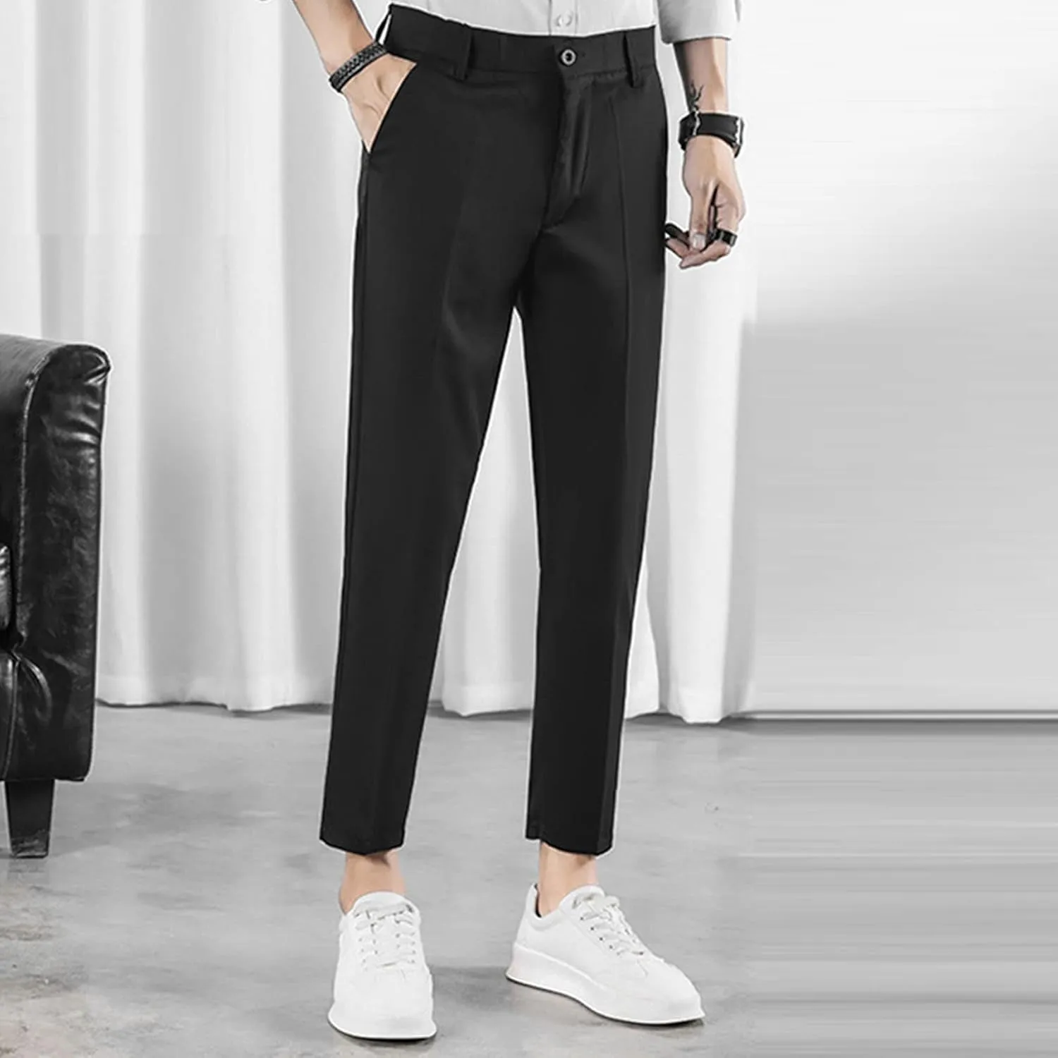 Men's Cropped Suit Pants Stretch Skinny Fit Casual Business Pant Slim Fit Tapered Ankle Dress Chino Trousers