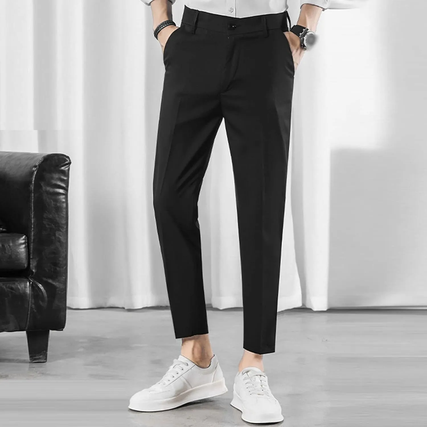 Men's Cropped Suit Pants Stretch Skinny Fit Casual Business Pant Slim Fit Tapered Ankle Dress Chino Trousers