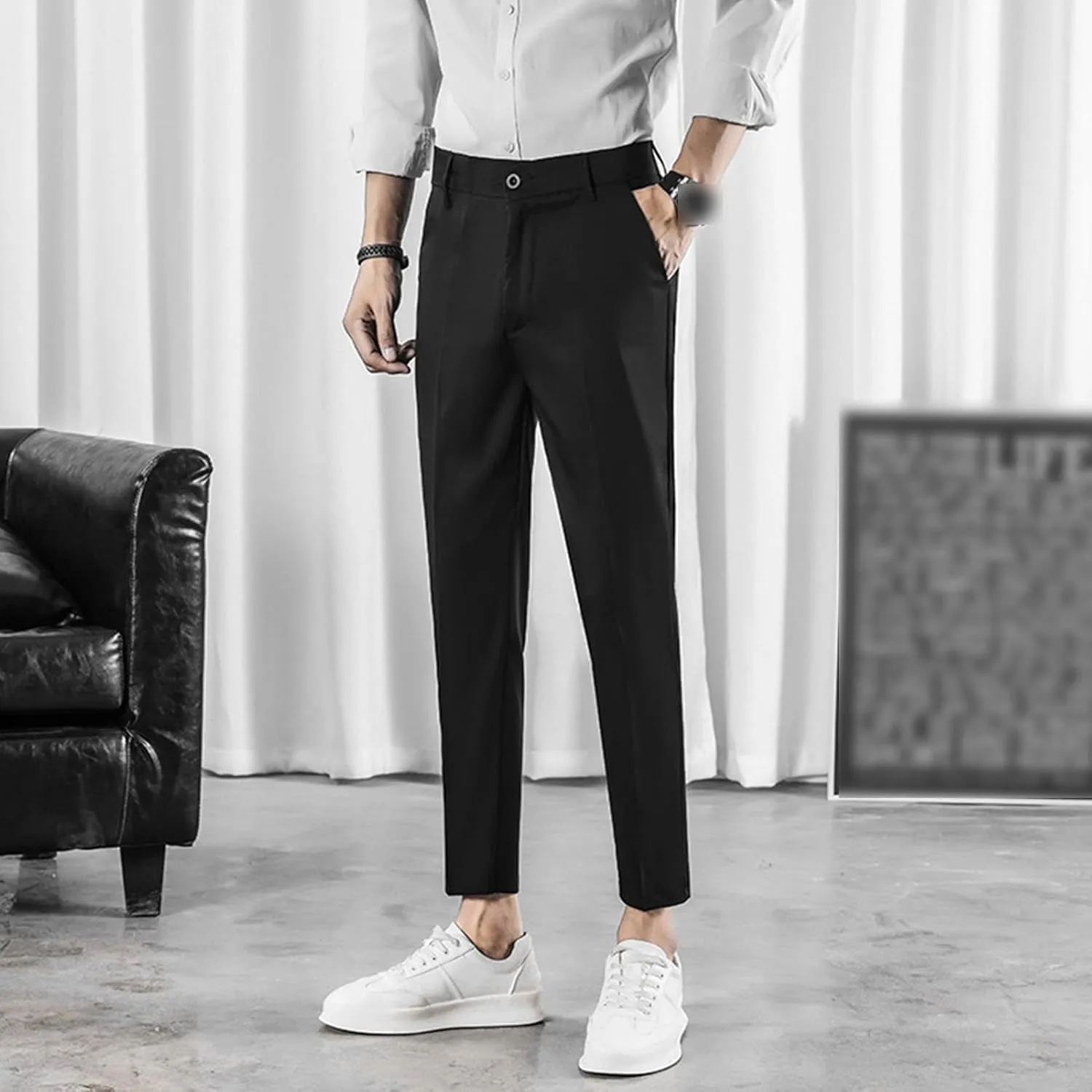 Men's Cropped Suit Pants Stretch Skinny Fit Casual Business Pant Slim Fit Tapered Ankle Dress Chino Trousers