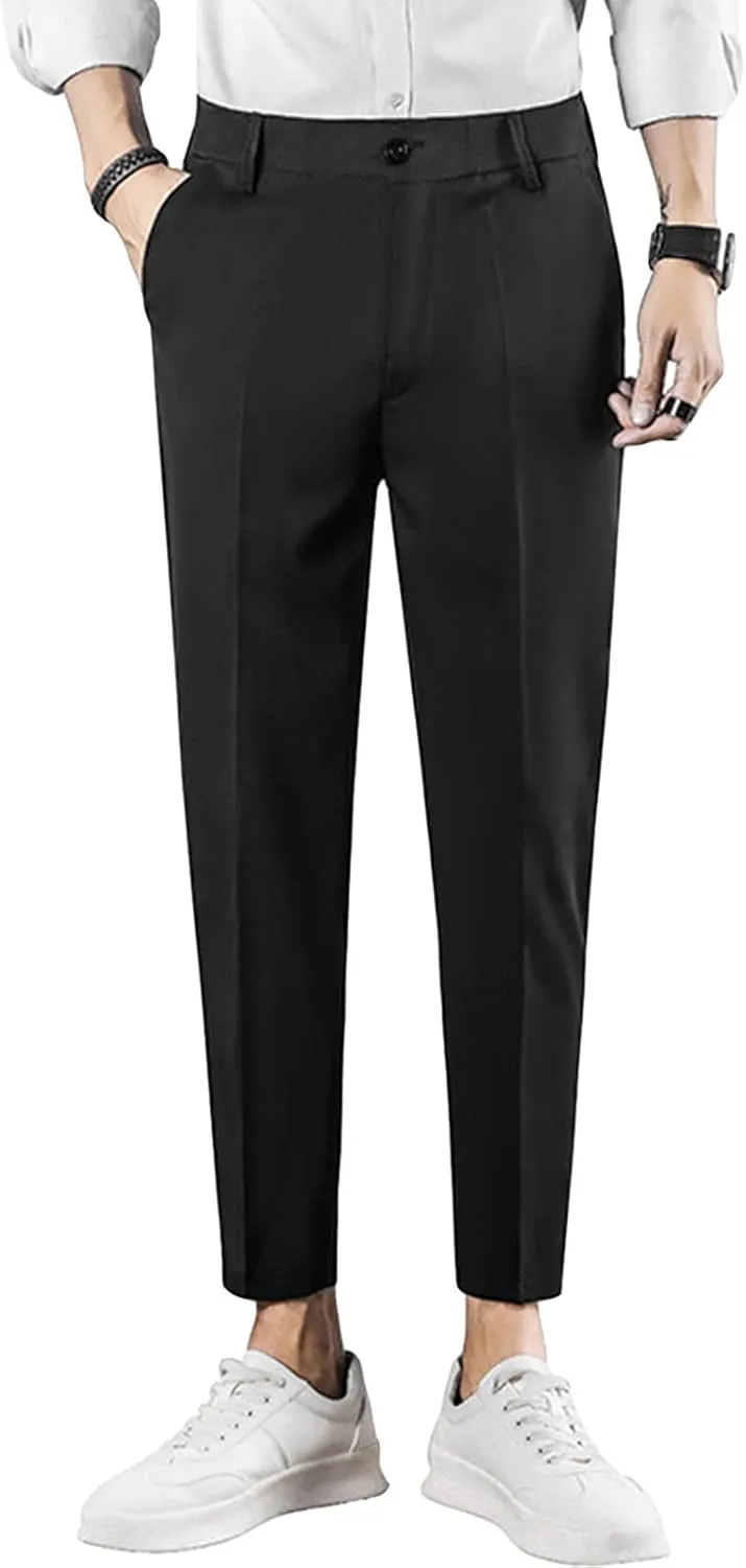 Men's Cropped Suit Pants Stretch Skinny Fit Casual Business Pant Slim Fit Tapered Ankle Dress Chino Trousers