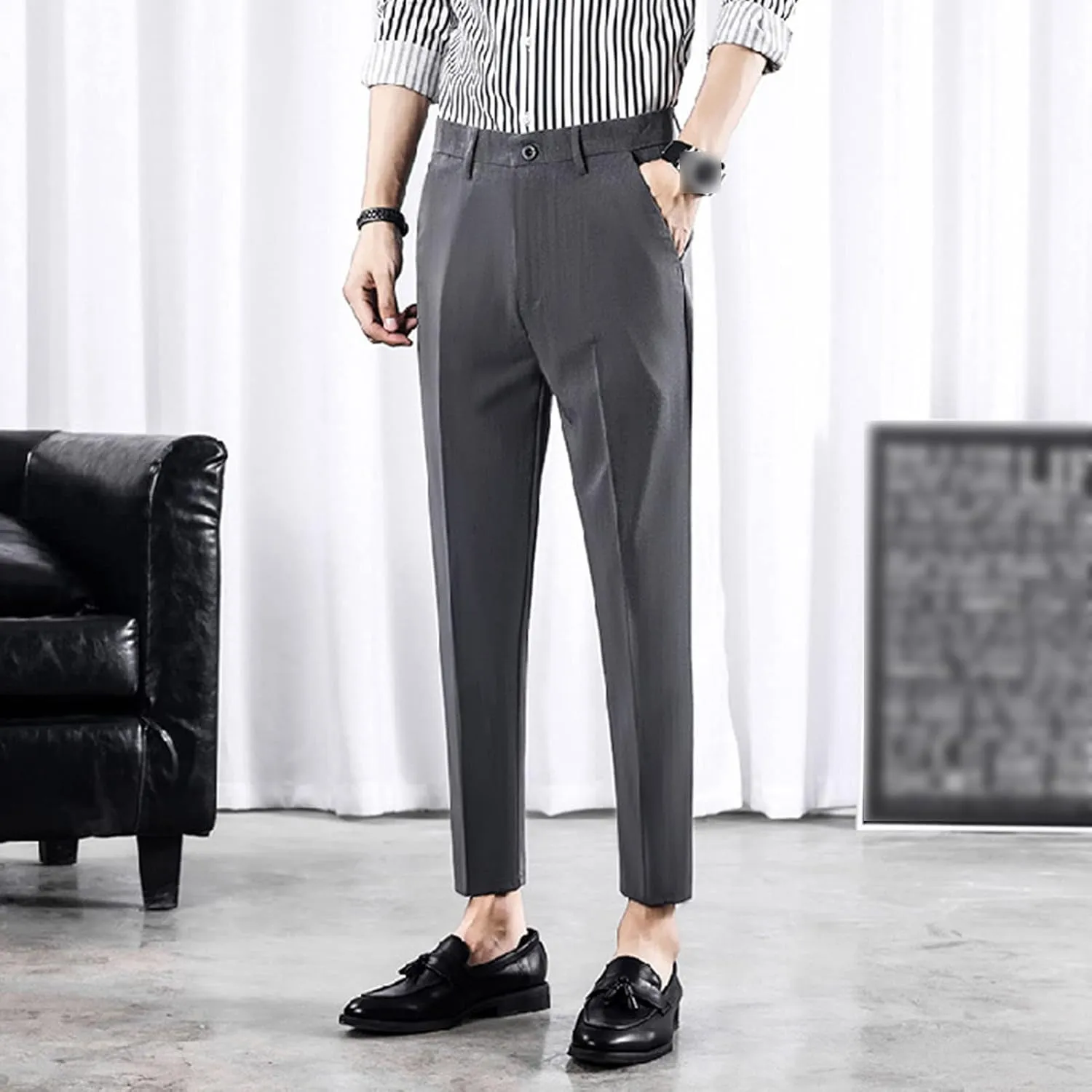 Men's Cropped Suit Pants Stretch Skinny Fit Casual Business Pant Slim Fit Tapered Ankle Dress Chino Trousers